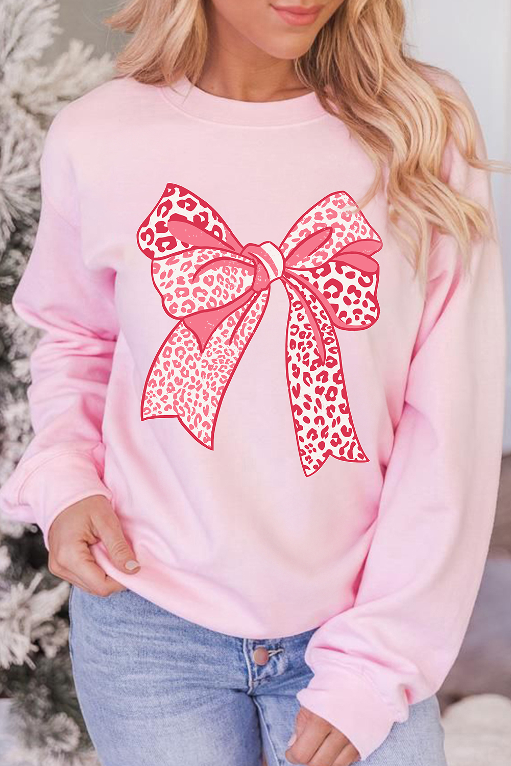 Pink Leopard Bowknot Printed Crewneck Pullover Sweatshirt - loveforevers