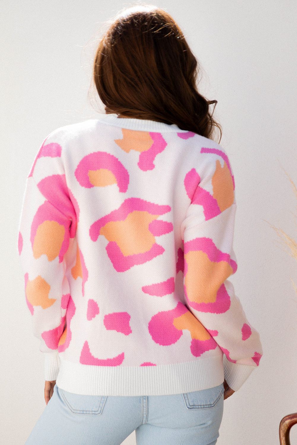 Sachet Pink Playful Leopard Print Drop Shoulder Baggy Sweater - loveforevers