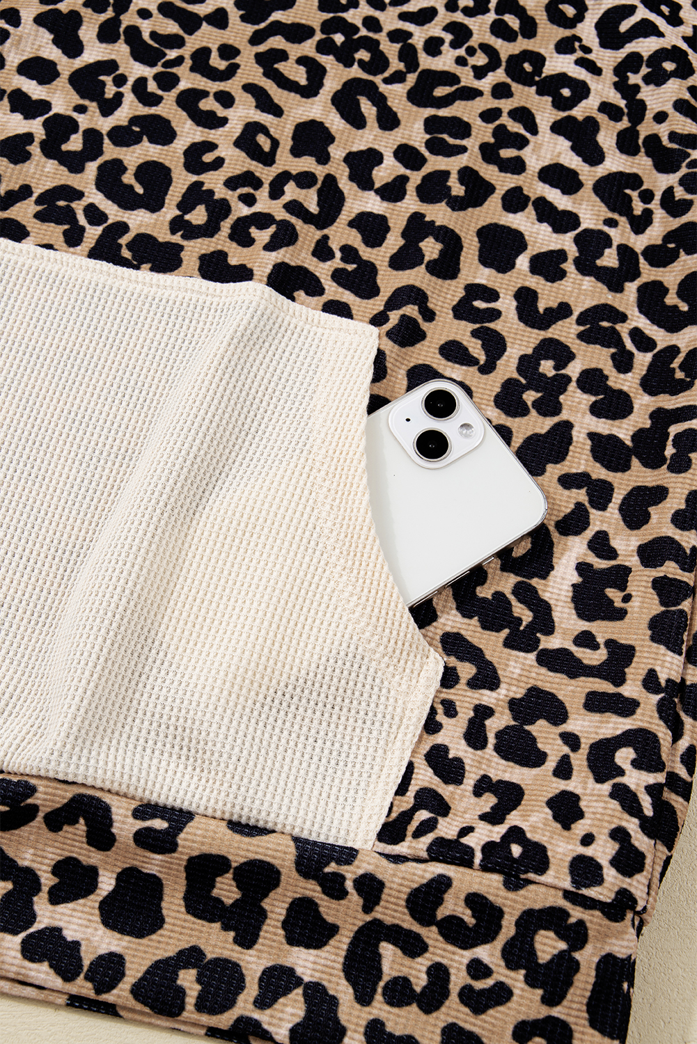 Leopard Print Waffle Contrast Kangaroo Pocket Hooded Sweatshirt - loveforevers