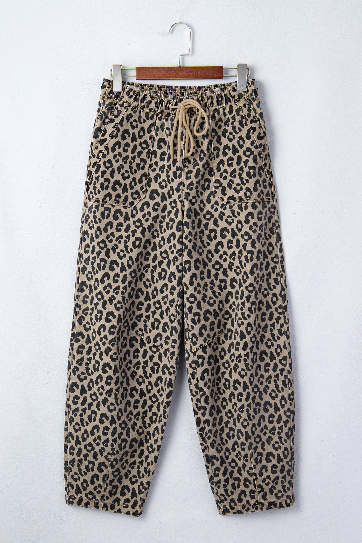 Khaki Leopard Print Drawstring Elastic Waist Loose Denim Pants with Pockets - loveforevers