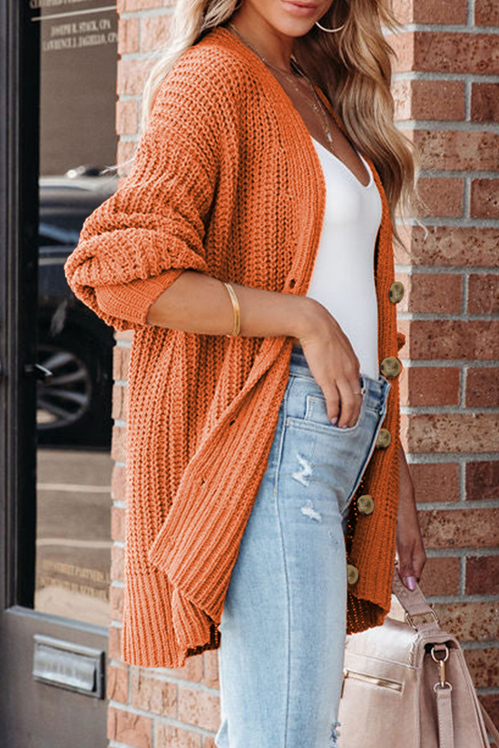 Gold Flame Button Front V Neck Chunky Cardigan Sweater - loveforevers