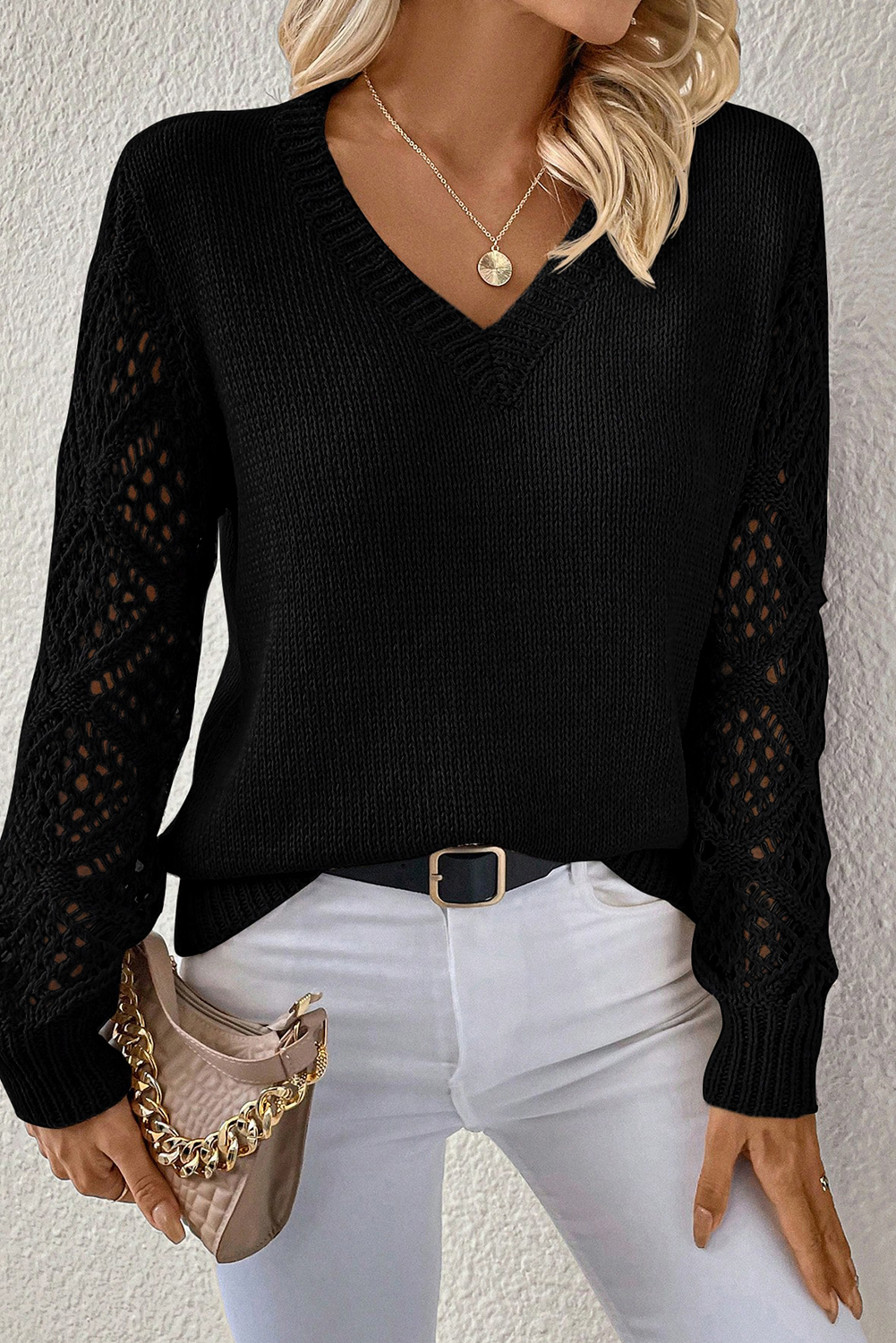 Black Solid V Neck Pointelle Knit Sleeve Patchwork Sweater - loveforevers