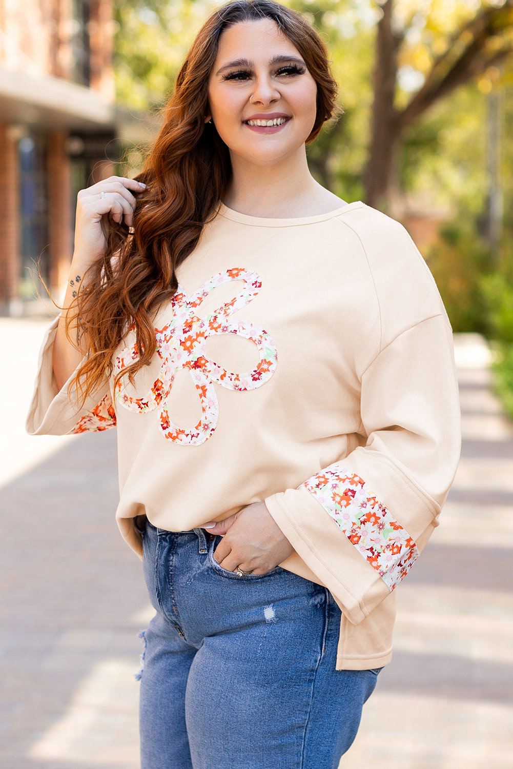 Beige Flower Patch Graphic Exposed Seam Wide Sleeve Top - loveforevers