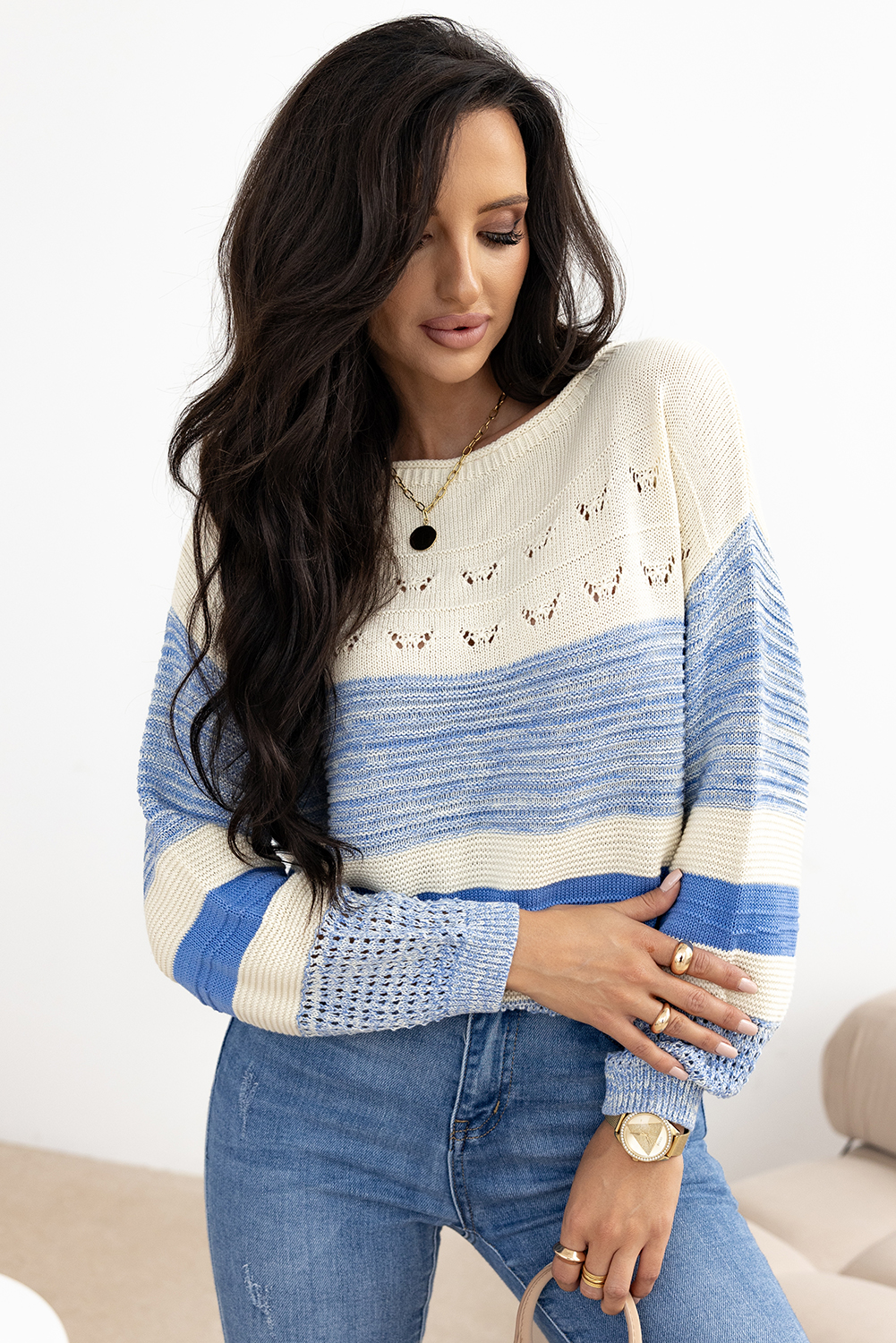 Light Blue Open Stitch Puff Sleeve Sweater - loveforevers
