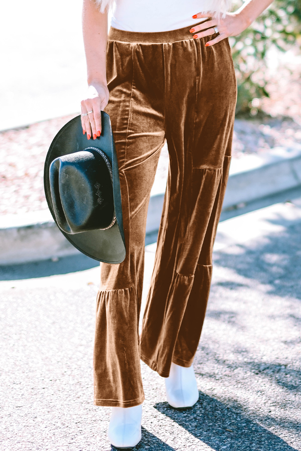 Chestnut Ruffle Hem Wide Leg Velvet Pants - loveforevers