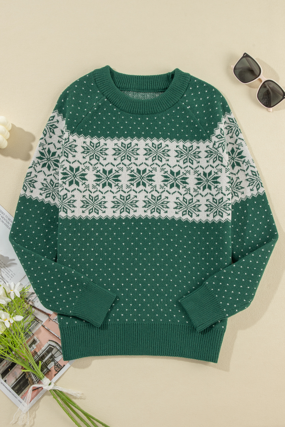 Green Christmas Snowflake Dotted Print Round Neck Sweater - loveforevers