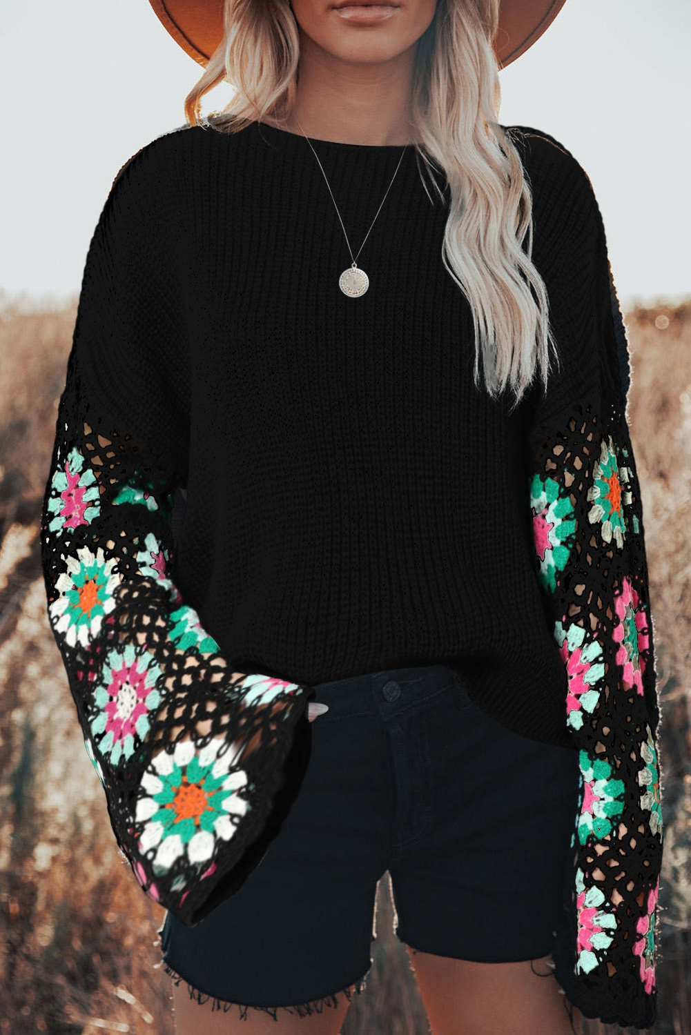 Black Floral Crochet Bell Sleeve Loose Sweater - loveforevers