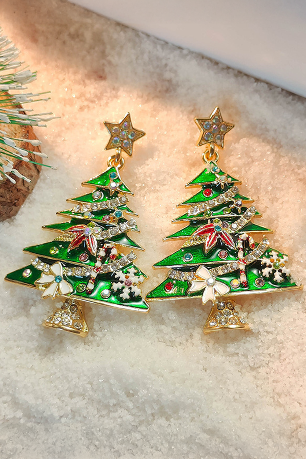 Bright Green Rhinestone Embellished Star Christmas Tree Earrings - loveforevers