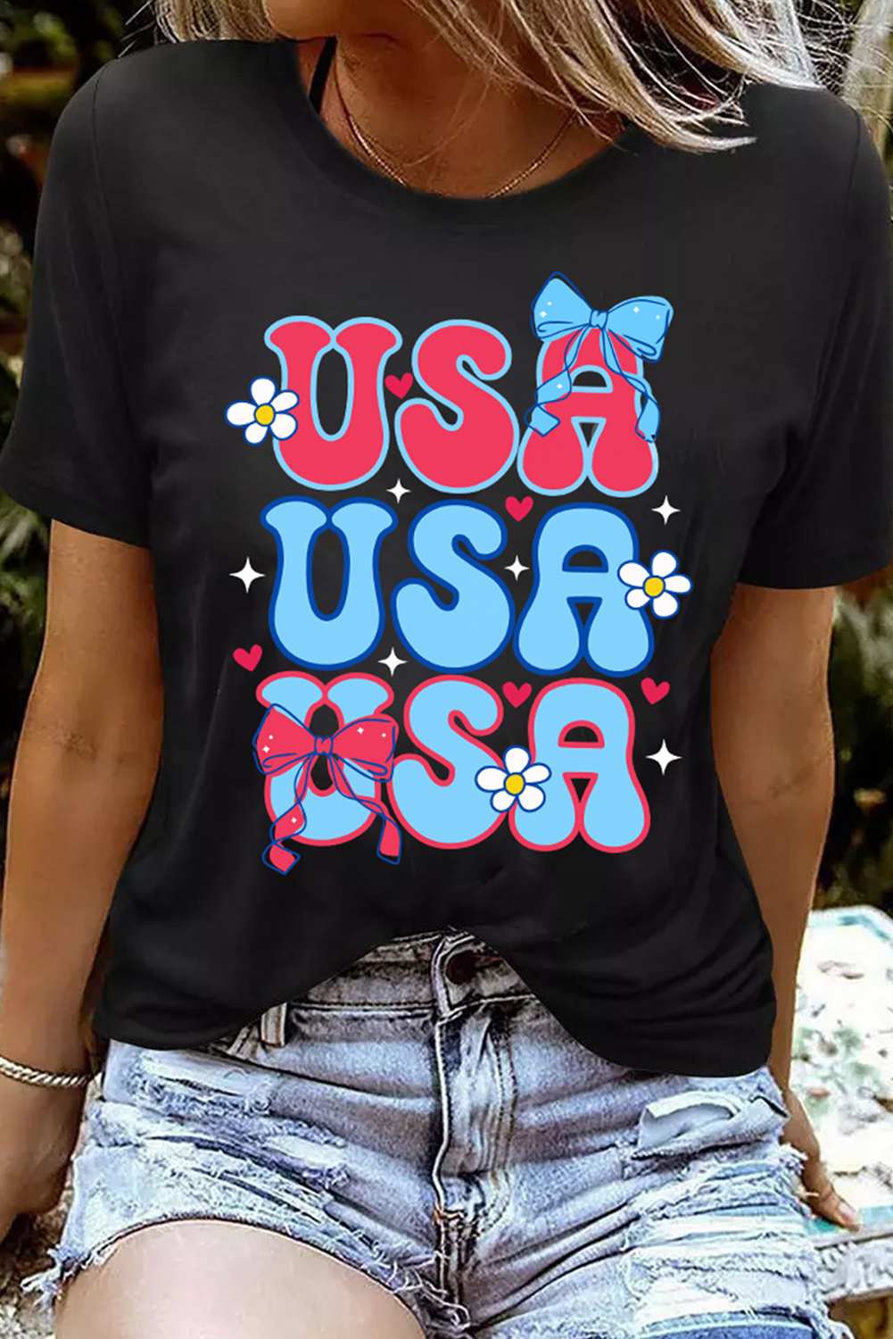 Black July 4th Cute Flower Bow USA Letter Graphic Tee - loveforevers