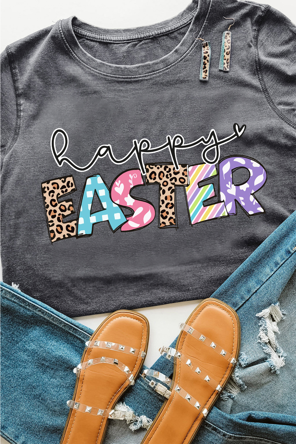 Gray Happy EASTER Lettering Graphic Crewneck Tee - loveforevers