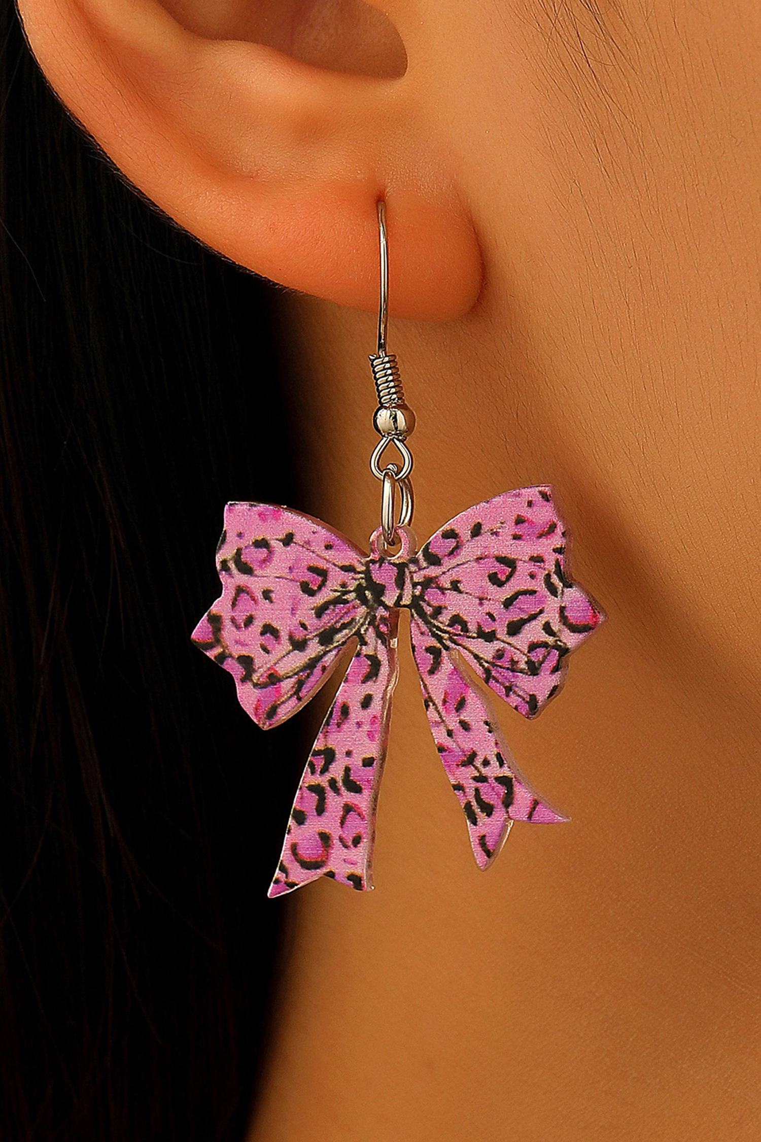 Cinnamon Stylish Leopard Printed Bow Stainless Hook Earrings - loveforevers