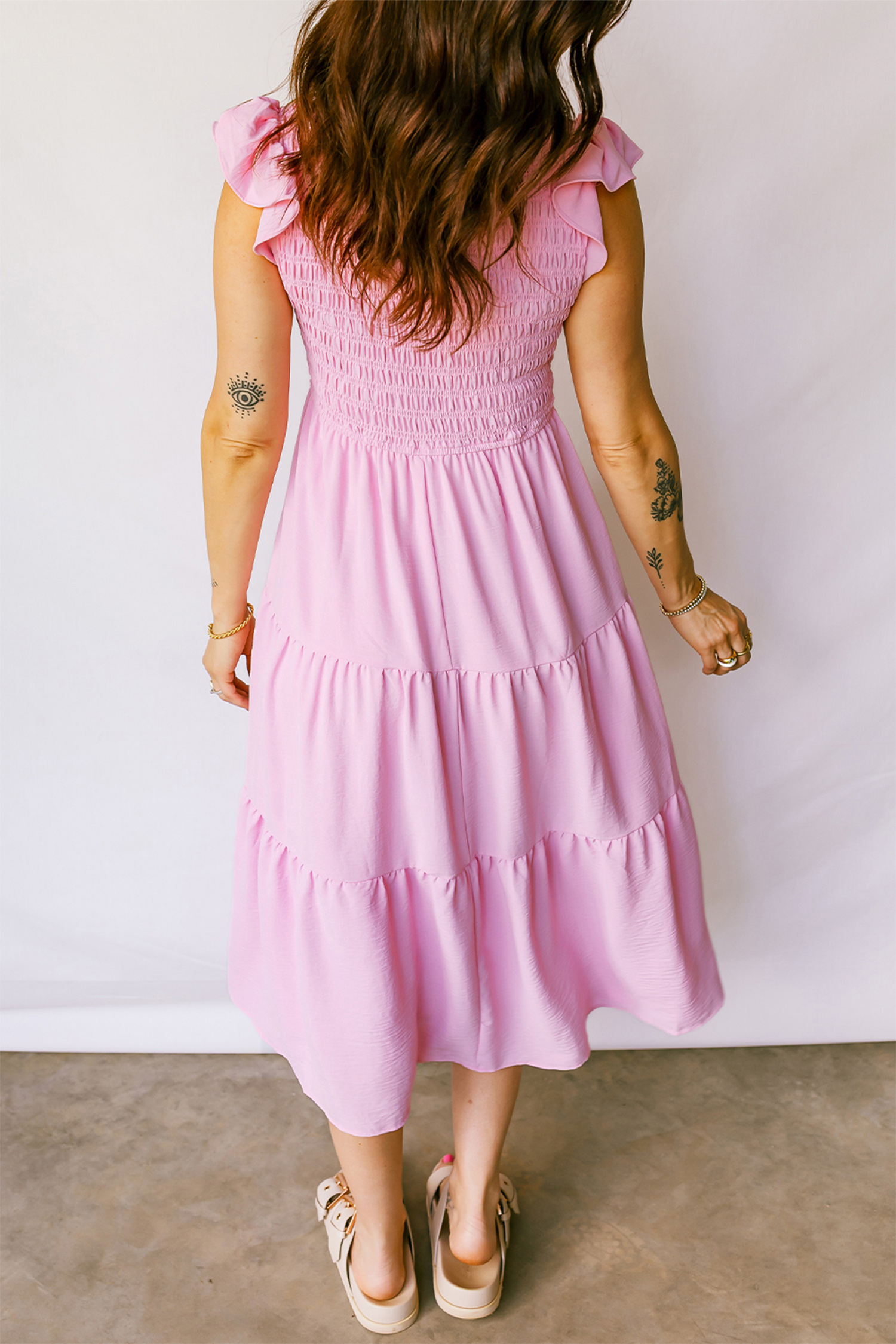 Pink Smocked Bodice Flutter Sleeve Fit Flare Tiered Midi Dress - loveforevers