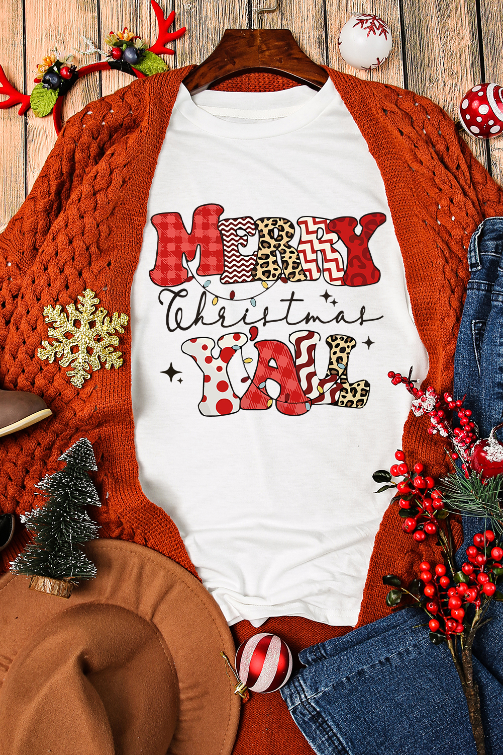 White MERRY Christmas YAll Graphic Crewneck T Shirt - loveforevers