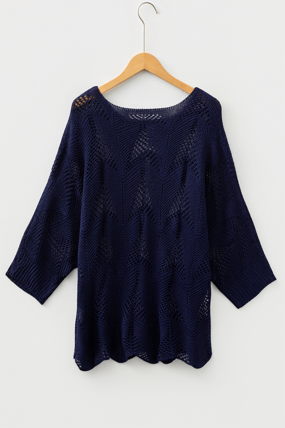 Navy Blue Hollow Out Knit 7/8 Sleeve Casual Sweater - loveforevers
