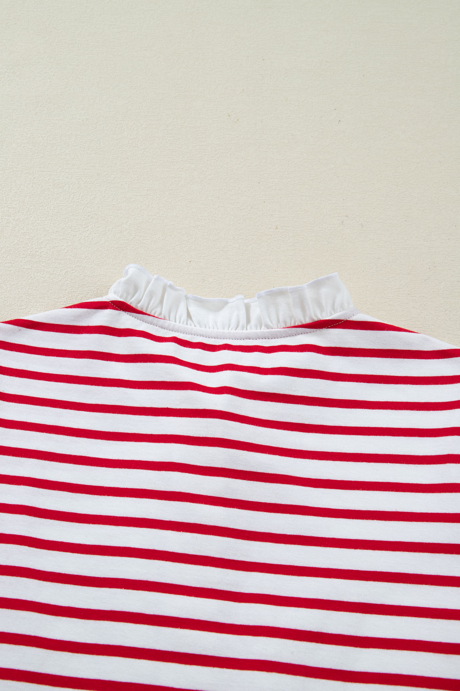 Red Stripe Contrast Frilled Trim Half Button Long Sleeve Top - loveforevers