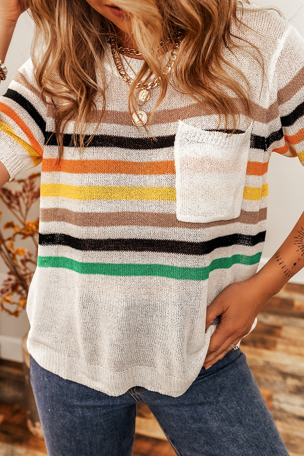 White Striped Pocketed Loose Fit Crewneck Knitted T Shirt - loveforevers