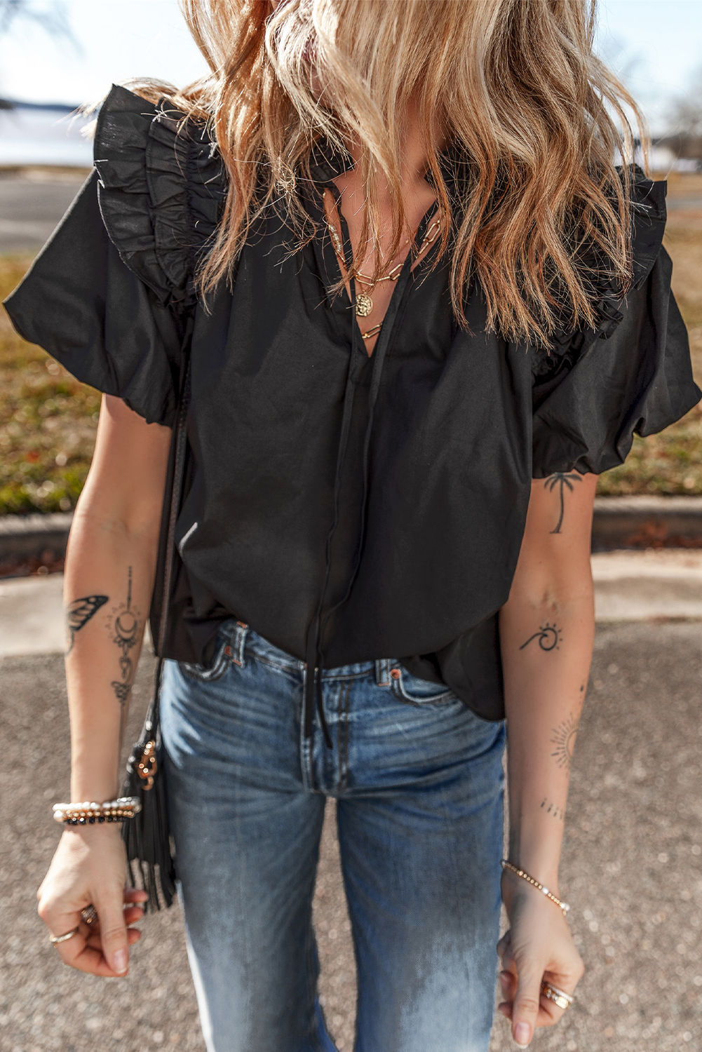 Black Ruffled Puff Short Sleeve Loose Blouse - loveforevers