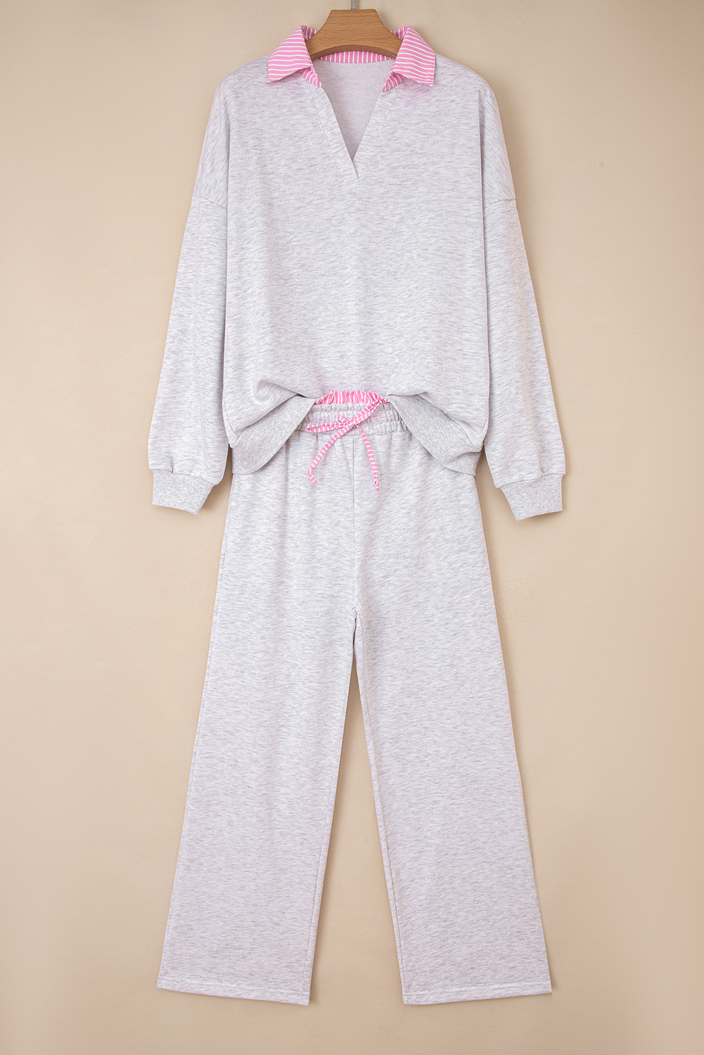 Light Grey 2pcs Contrasted Trim Frilled Collar Drop Shoulder Pullover Drawstring Pant Set - loveforevers