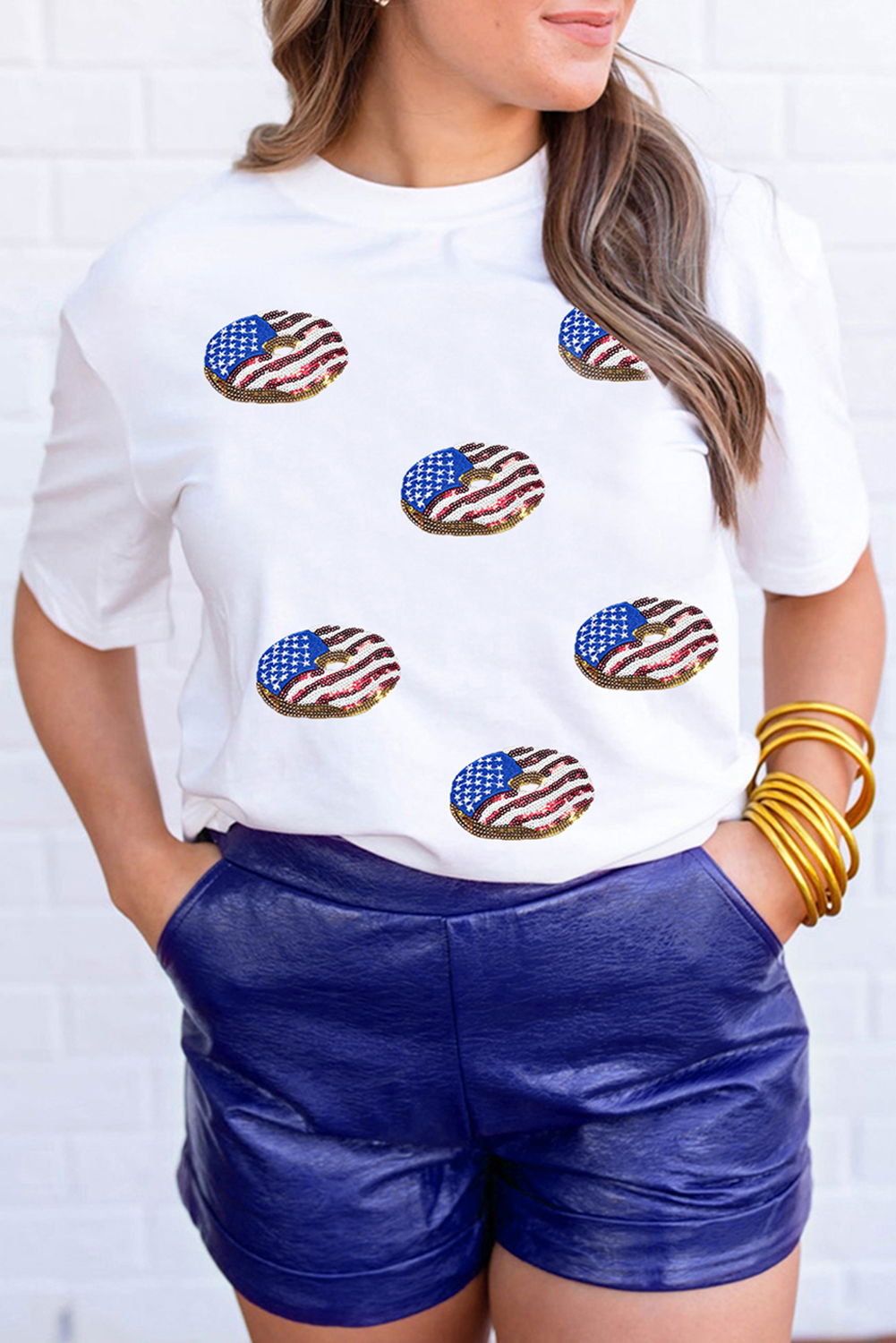 White Sequined Flag Pattern Donuts Graphic T Shirt - loveforevers