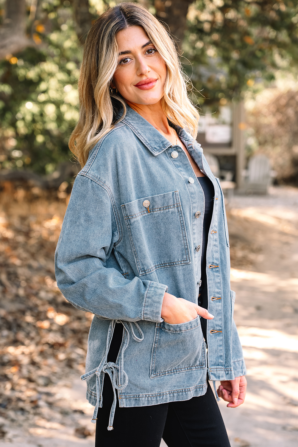 Beau Blue Multi Patched Pockets Side Tie up Boyfriend Style Denim Jacket - loveforevers