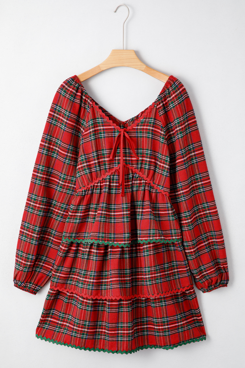 Red Plaid Print Ricrac Tiered Bubble Sleeve Mini Dress - loveforevers