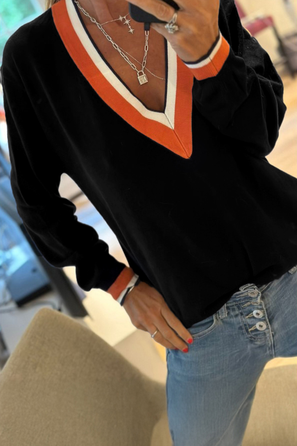 Black Contrast Striped Trim V Neck Varsity Sweater - loveforevers