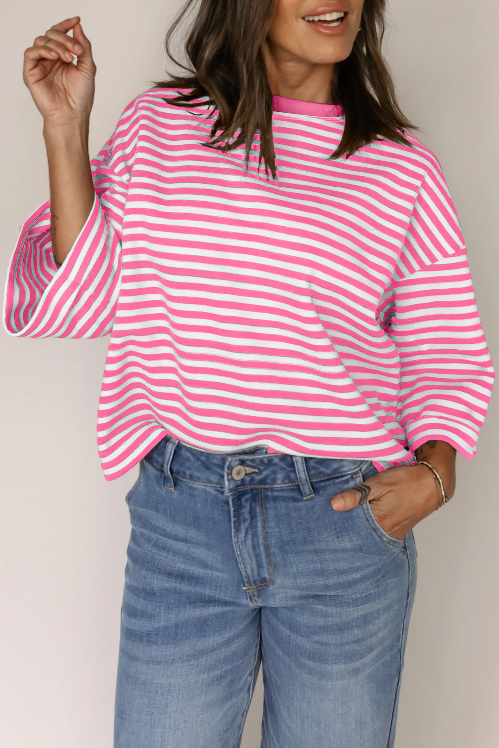 Red Stripe Bowknot Cutout Back Drop Shoulder Wide Bracelet Sleeve Loose Tee - loveforevers
