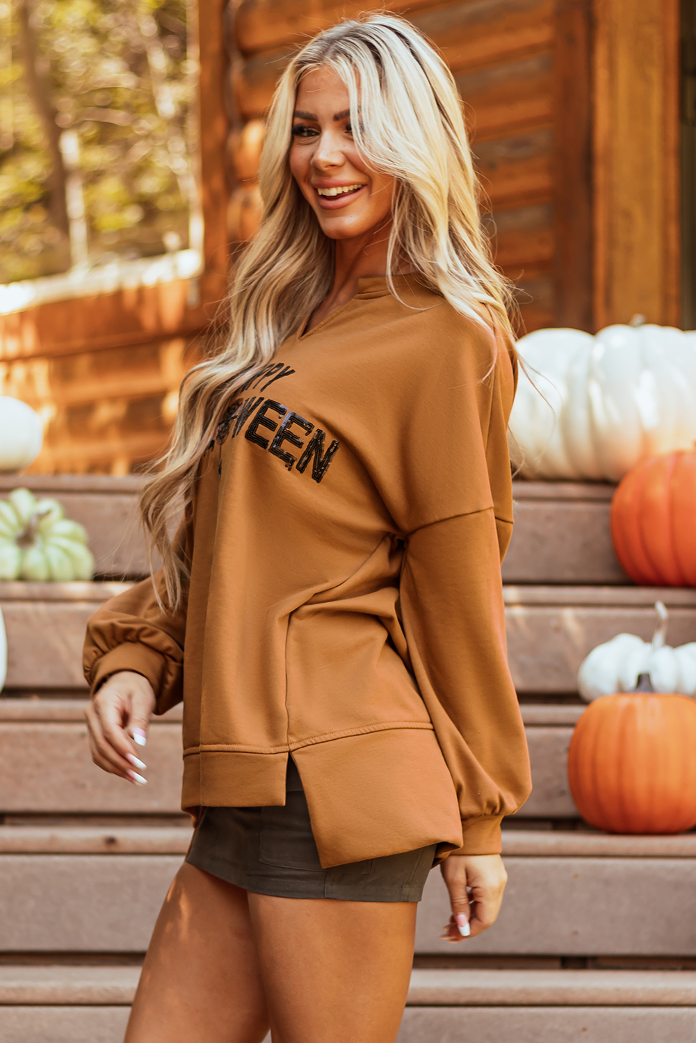 Medium Grey Sequin Happy Halloween Graphic Notched Neck Long Sleeve Loose Top - loveforevers
