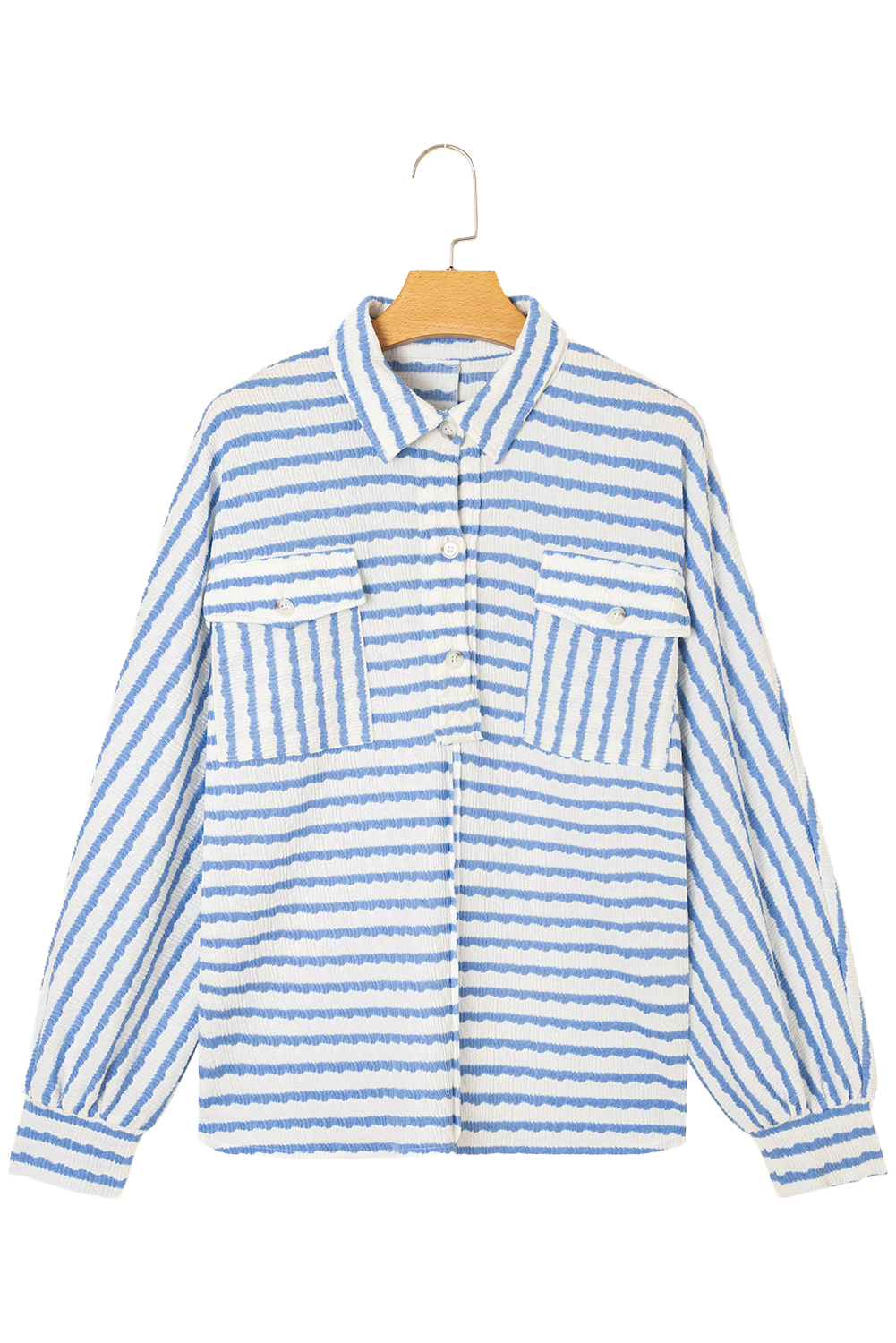 Sky Blue Stripe Half Button Collared Chest Pockets Loose Fit Blouse - loveforevers
