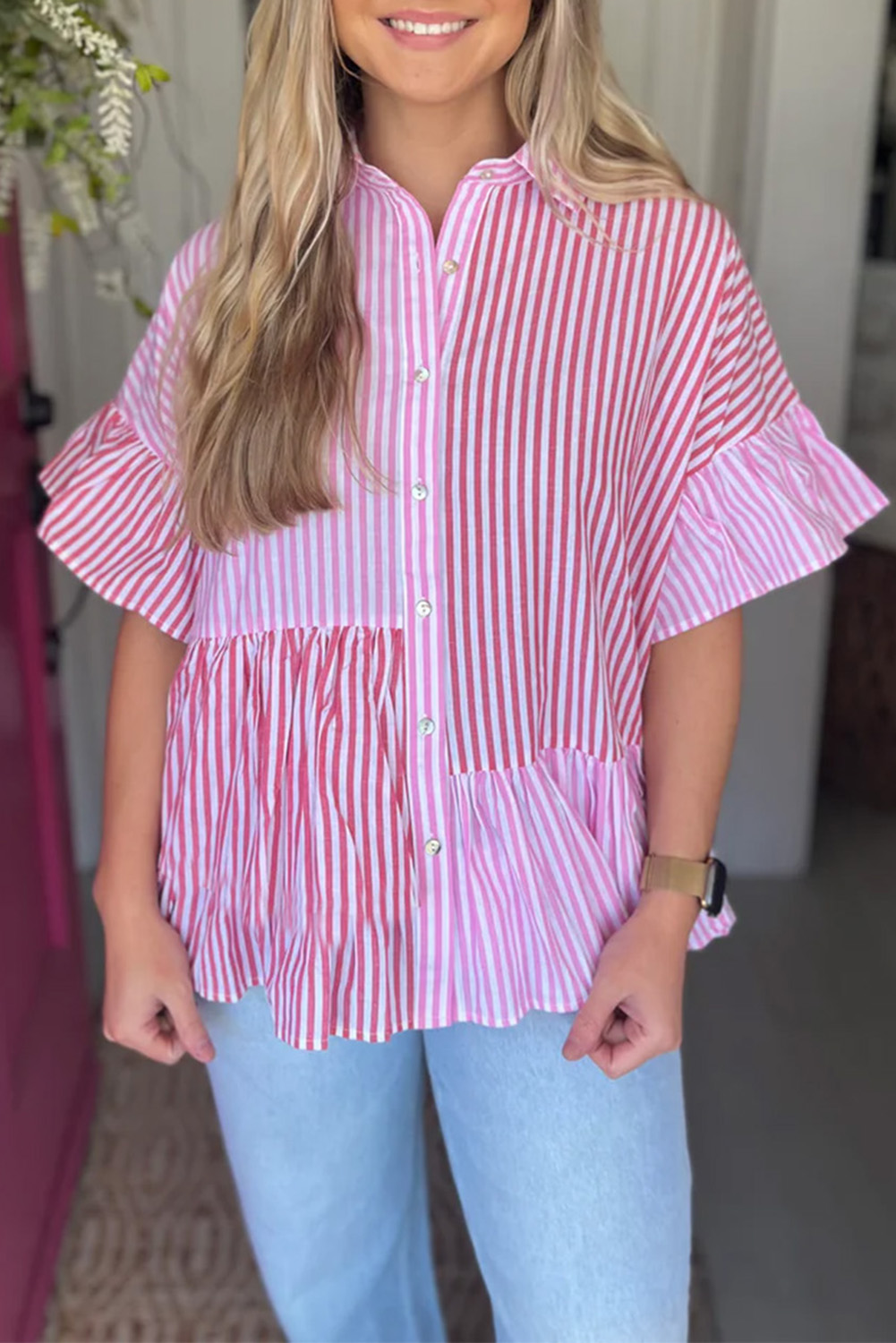Pink Stripe Striped Patchwork Ruffled Hem Button up Shirt - loveforevers