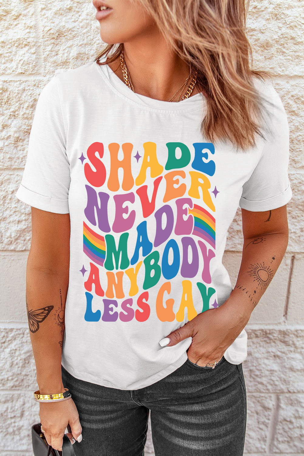 White SHADE NEVER MADE ANYBODY LESS GAY Pride Graphic Tee - loveforevers