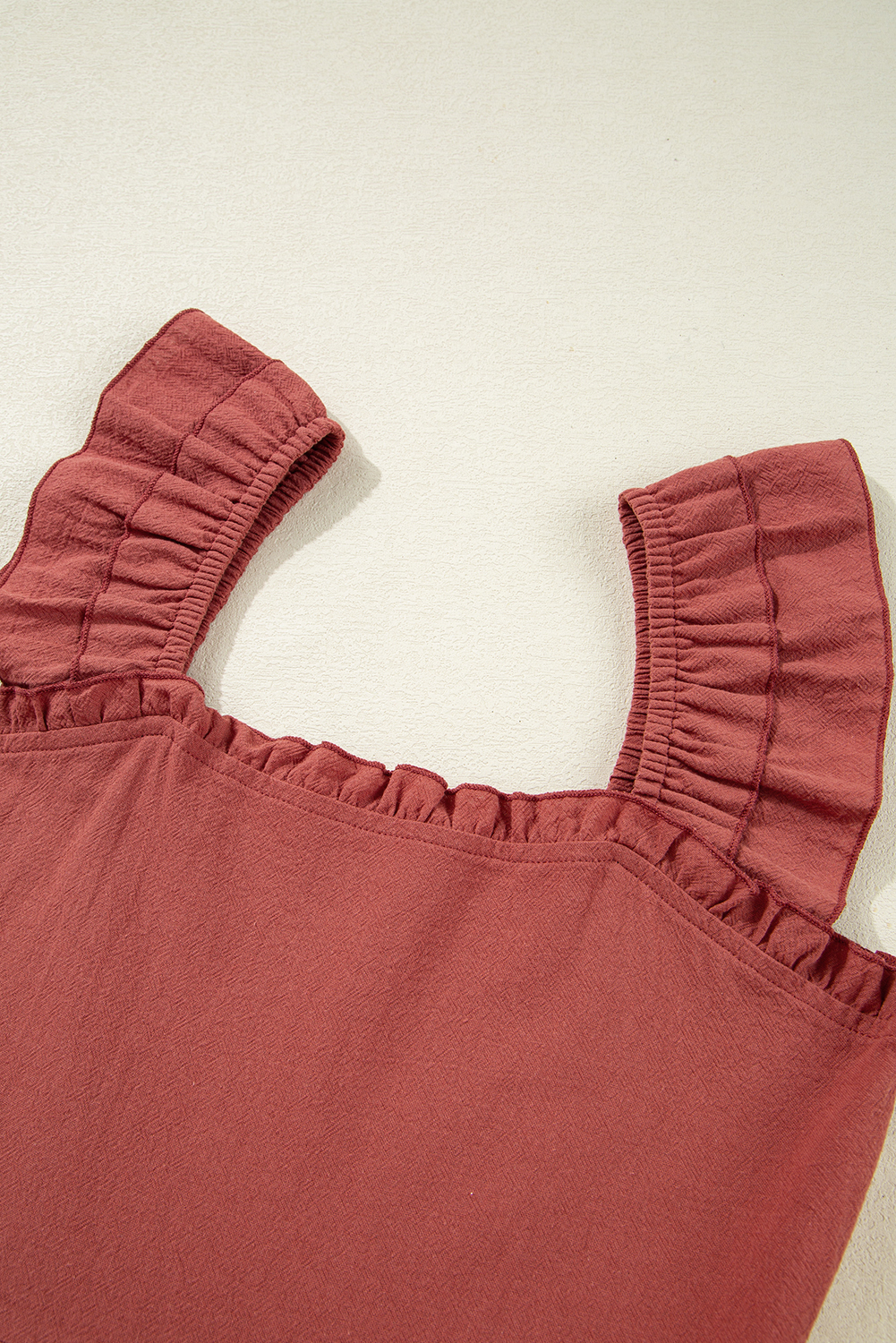 Red Sandalwood Geometric Stitch Shirred Bodice Ruffled Trim Sleeveless Mini Dress - loveforevers