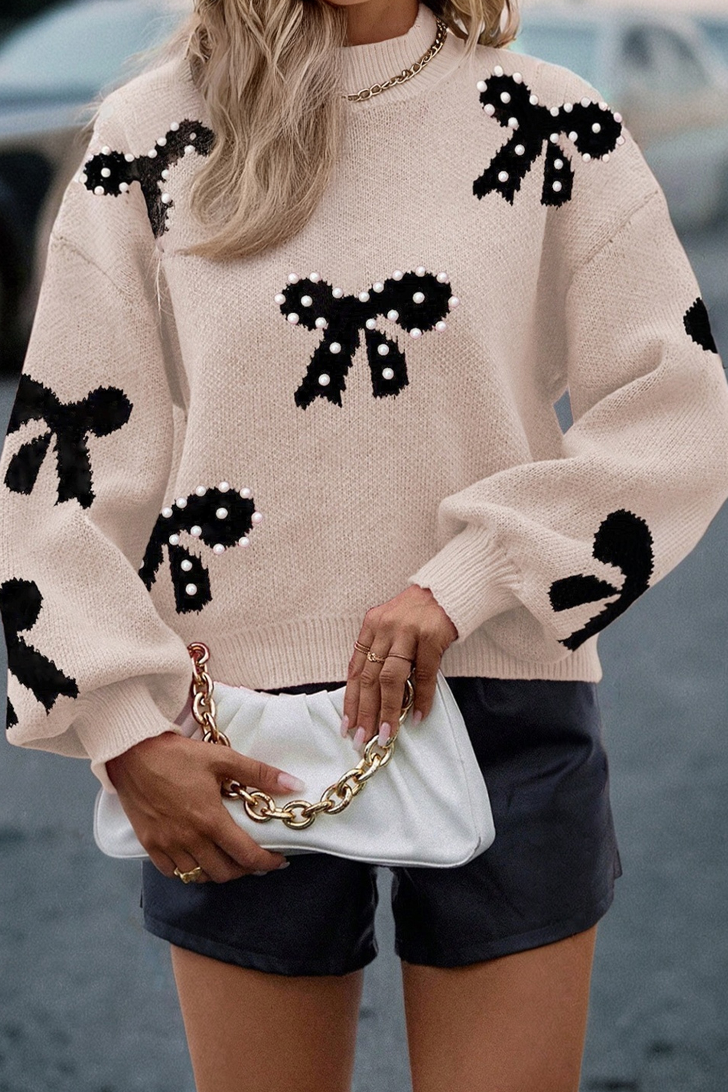 Bright Pink Pearl Embellished Bow Pattern Loose Sweater - loveforevers