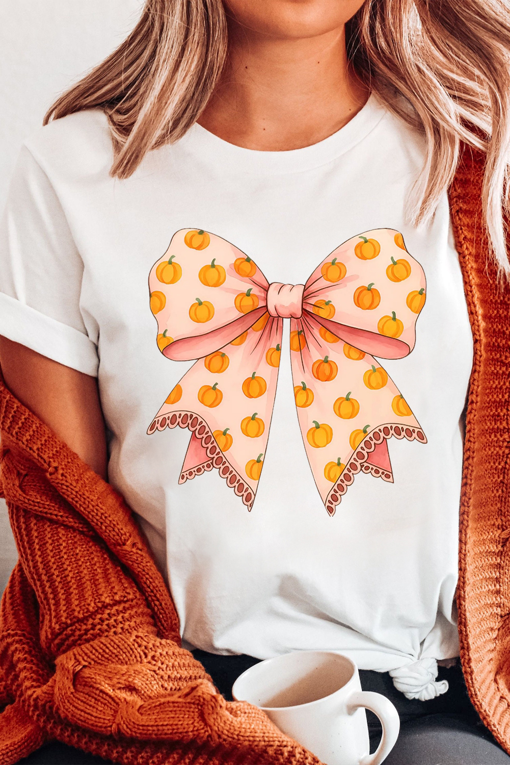 White Pumpkin Bow Print Thanksgiving T Shirt - loveforevers
