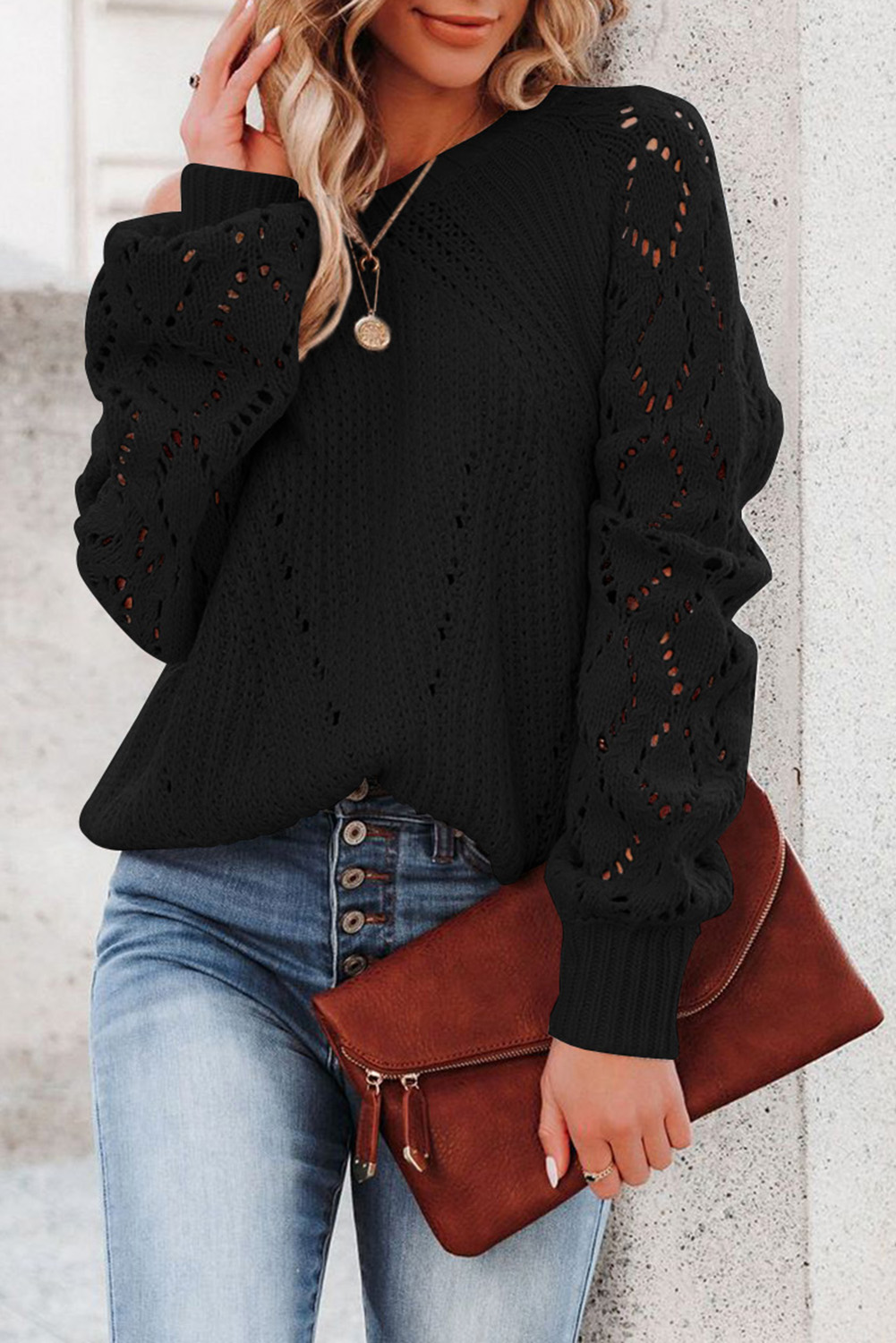 Black Hollow-out Puffy Sleeve Knit Sweater - loveforevers