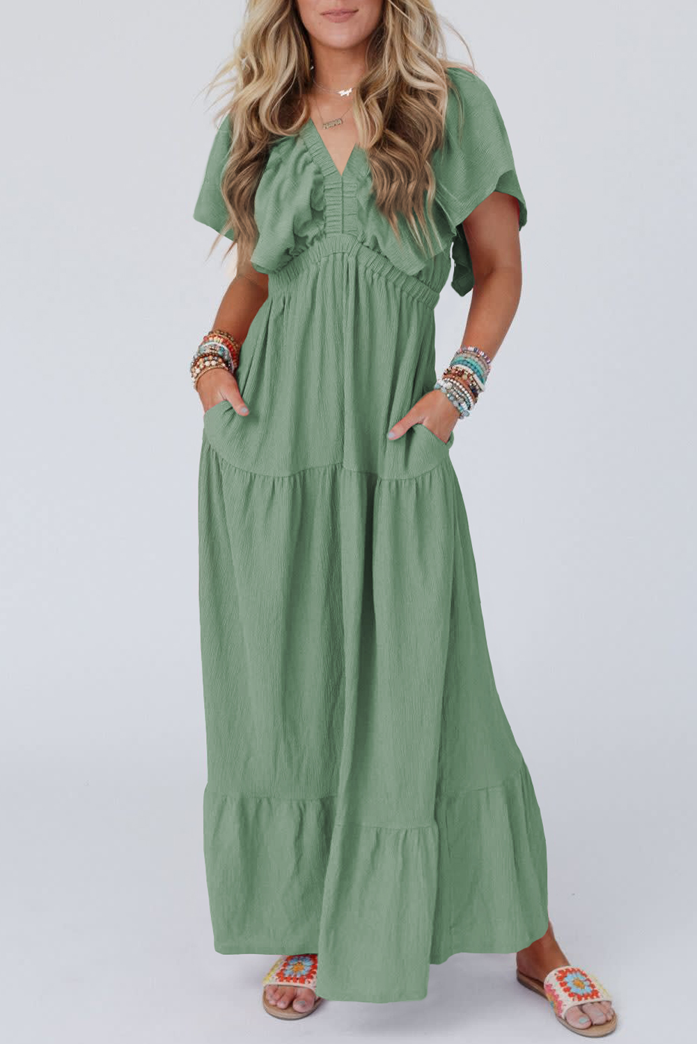 Grass Green Textured V Neck Flutter Sleeve Ruffled Maxi Dress - loveforevers