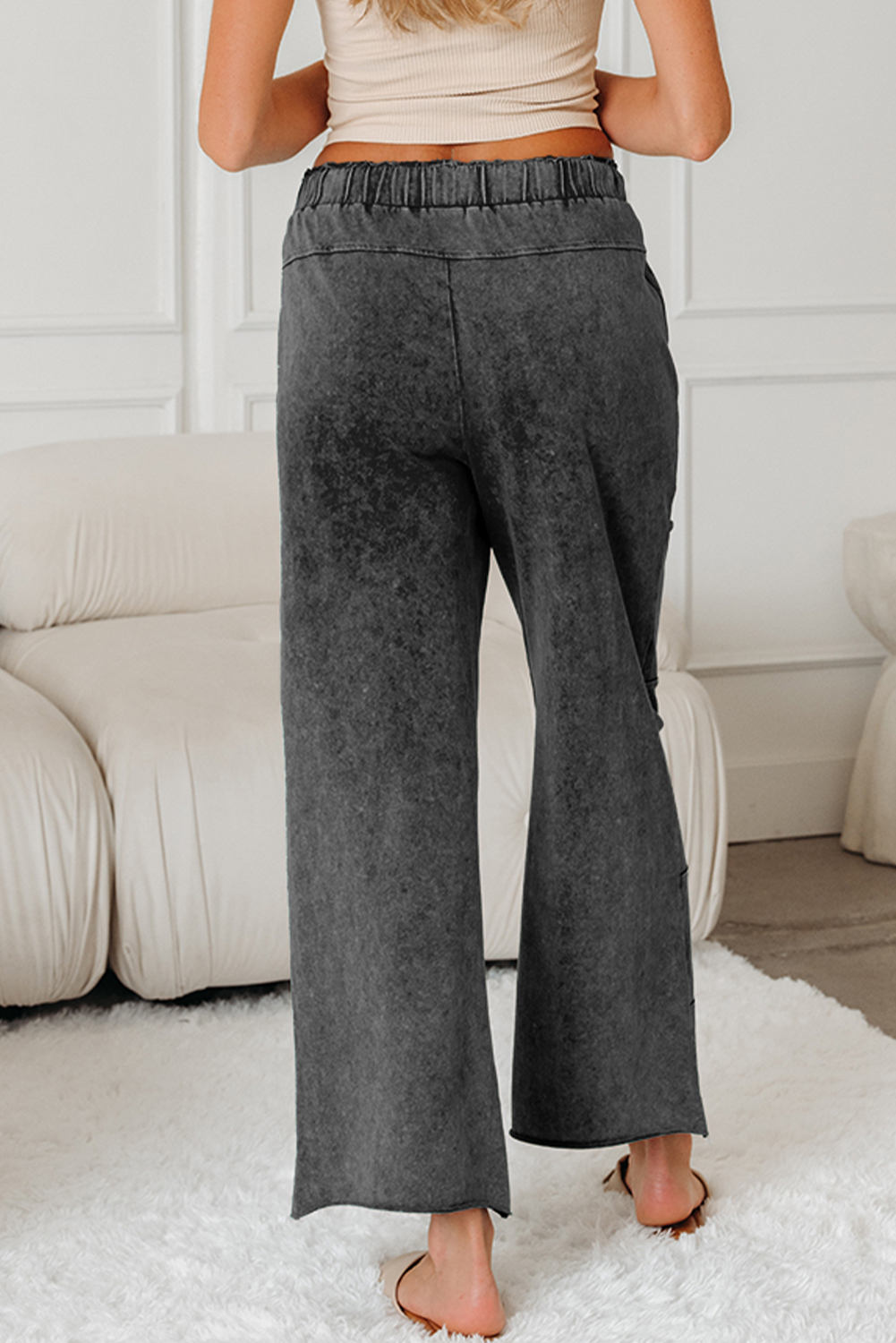 Lapis Mineral Wash Lace-up High Waist Raw Hem Patched Pocket Pants - loveforevers