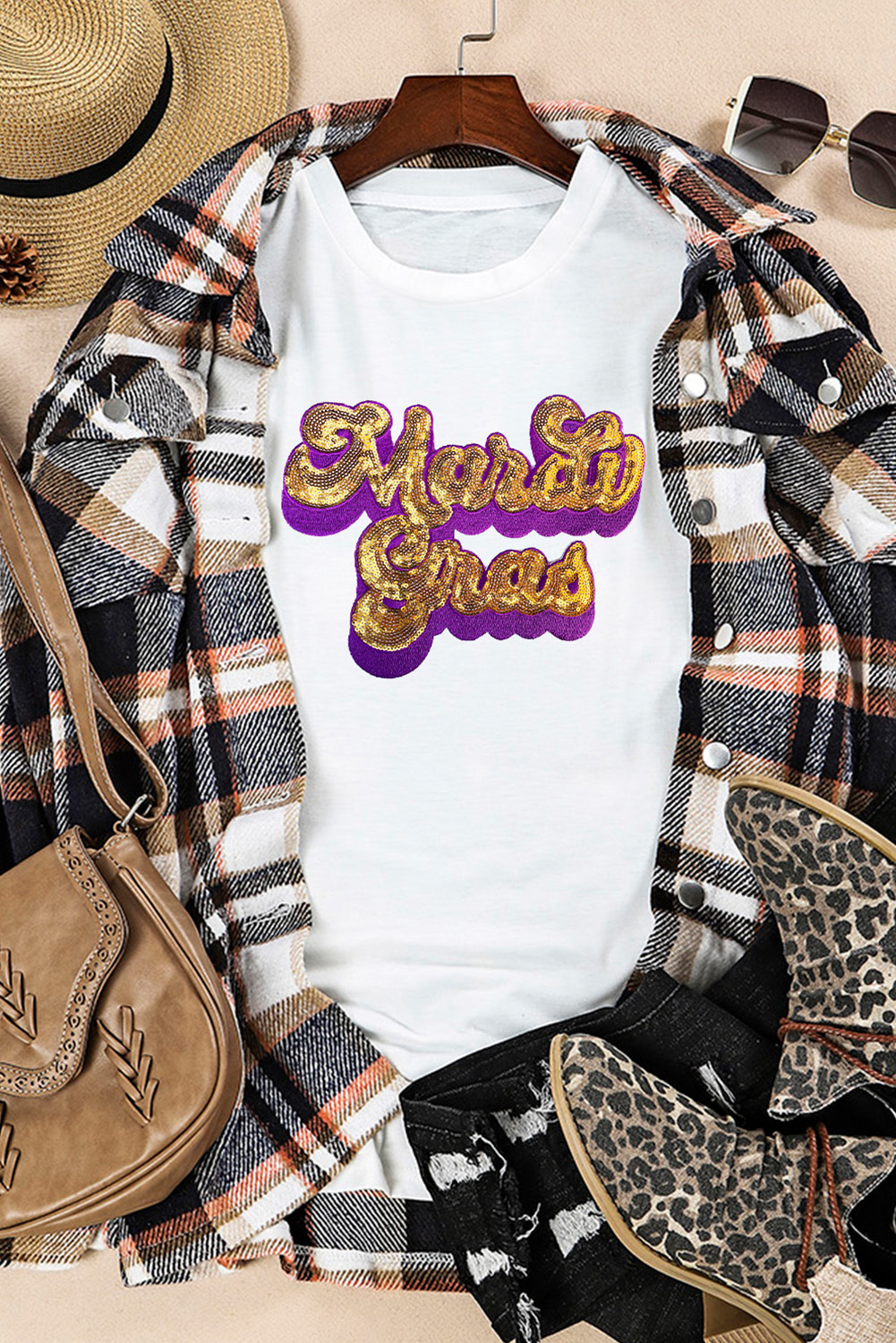 White Mardi Gras Sequin Graphic T-shirt - loveforevers