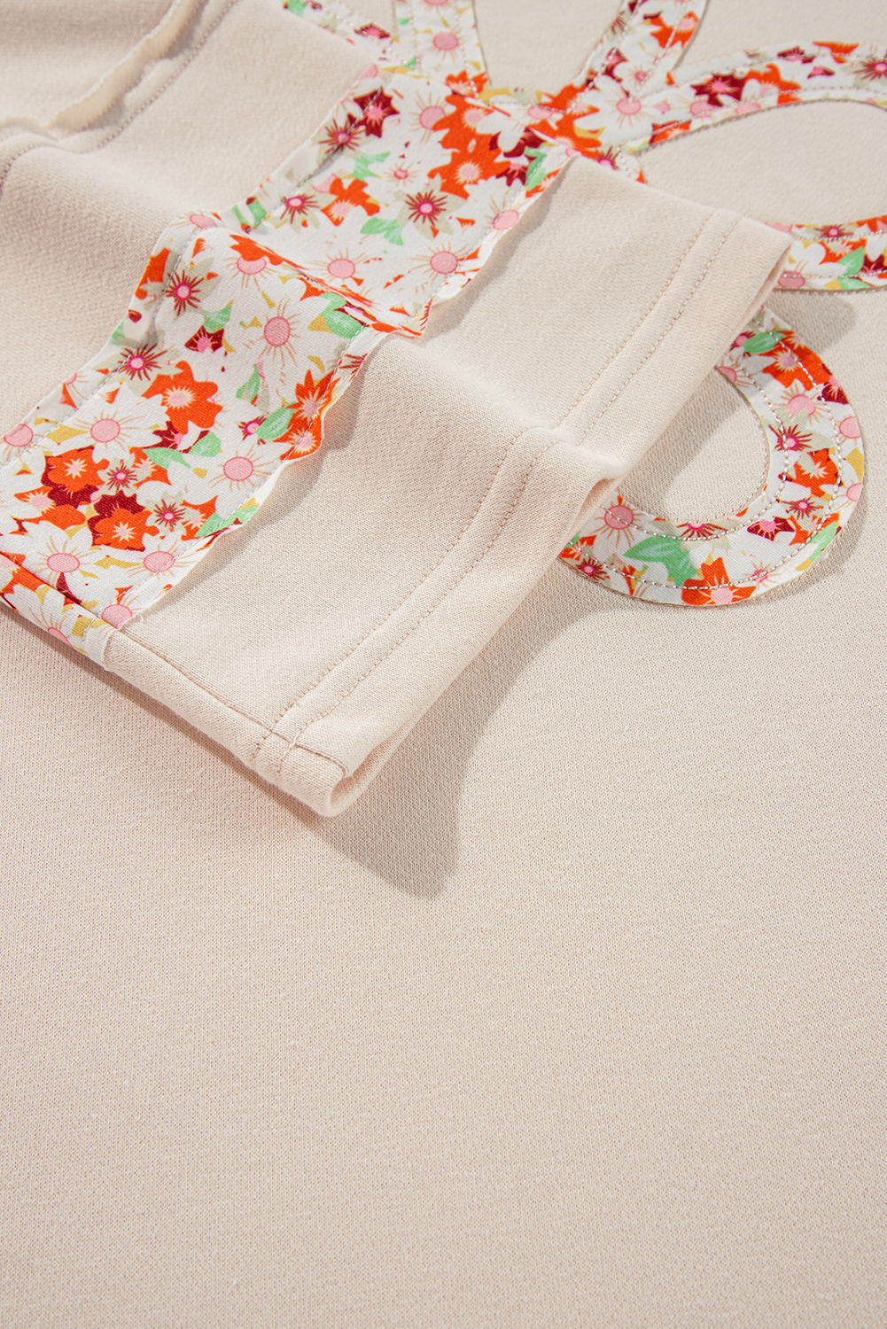 Beige Flower Patch Graphic Exposed Seam Wide Sleeve Top - loveforevers