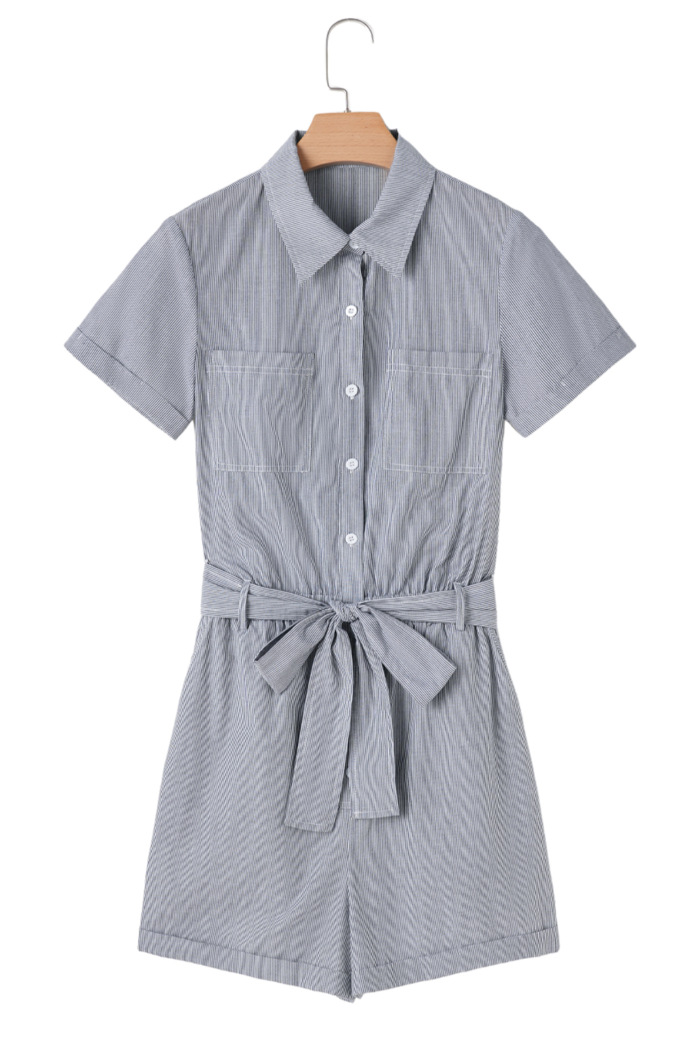 Blue Stripe Chest Pockets Buttoned Belted High Waist Romper - loveforevers