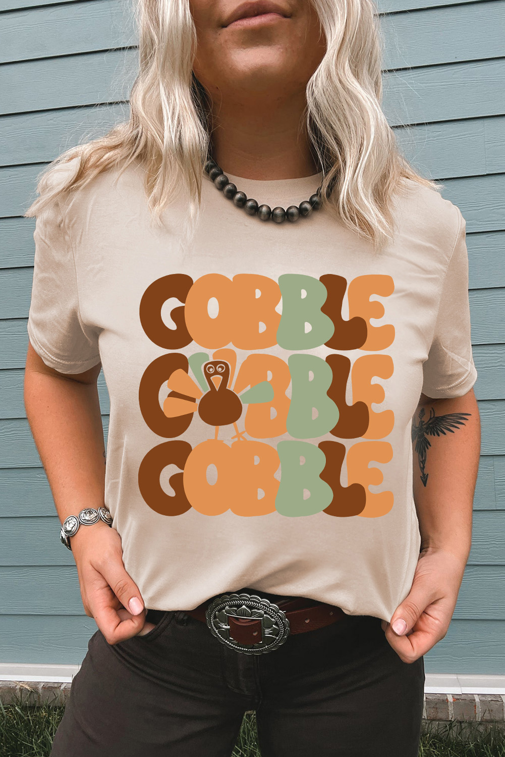 Khaki GOBBLE Turkey Print Thanksgiving Fashion Tee - loveforevers