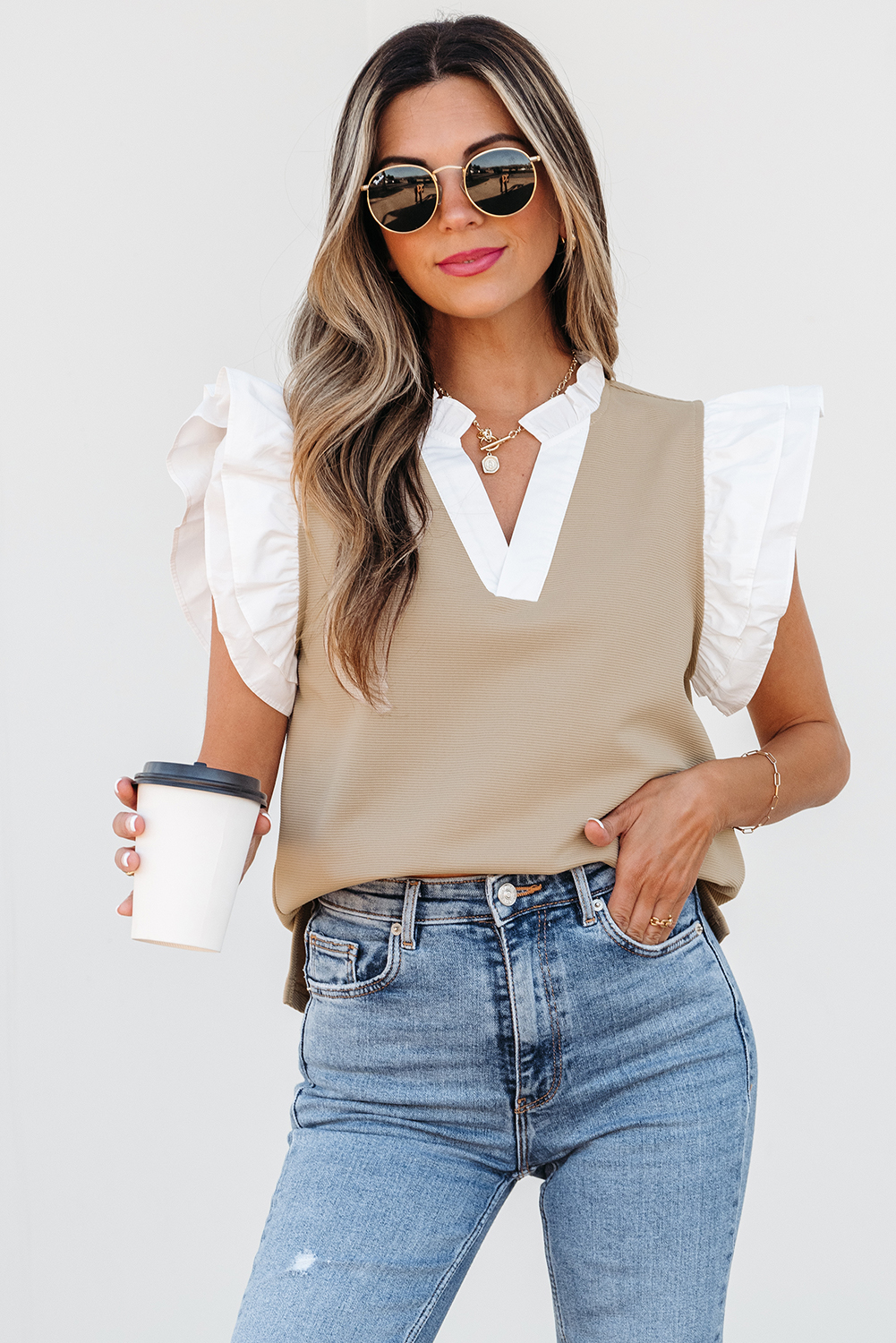 Pale Khaki Contrast V Neck Ruffled Textured Knit Top - loveforevers