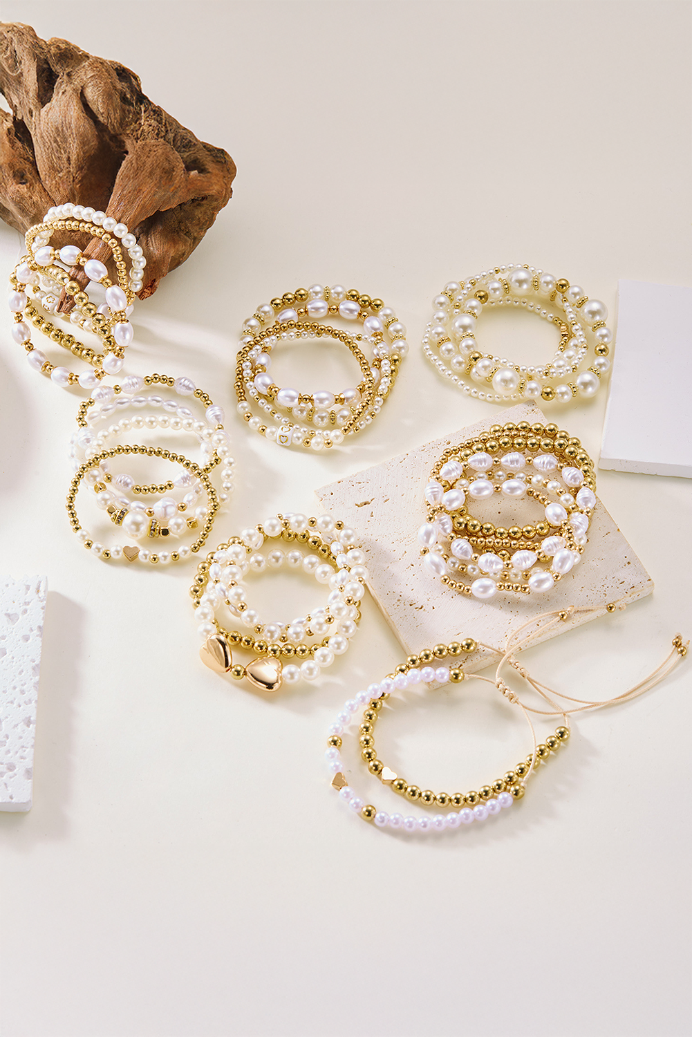 Gold Heart Pearl Plated Beaded Elastic Bracelet Set - loveforevers