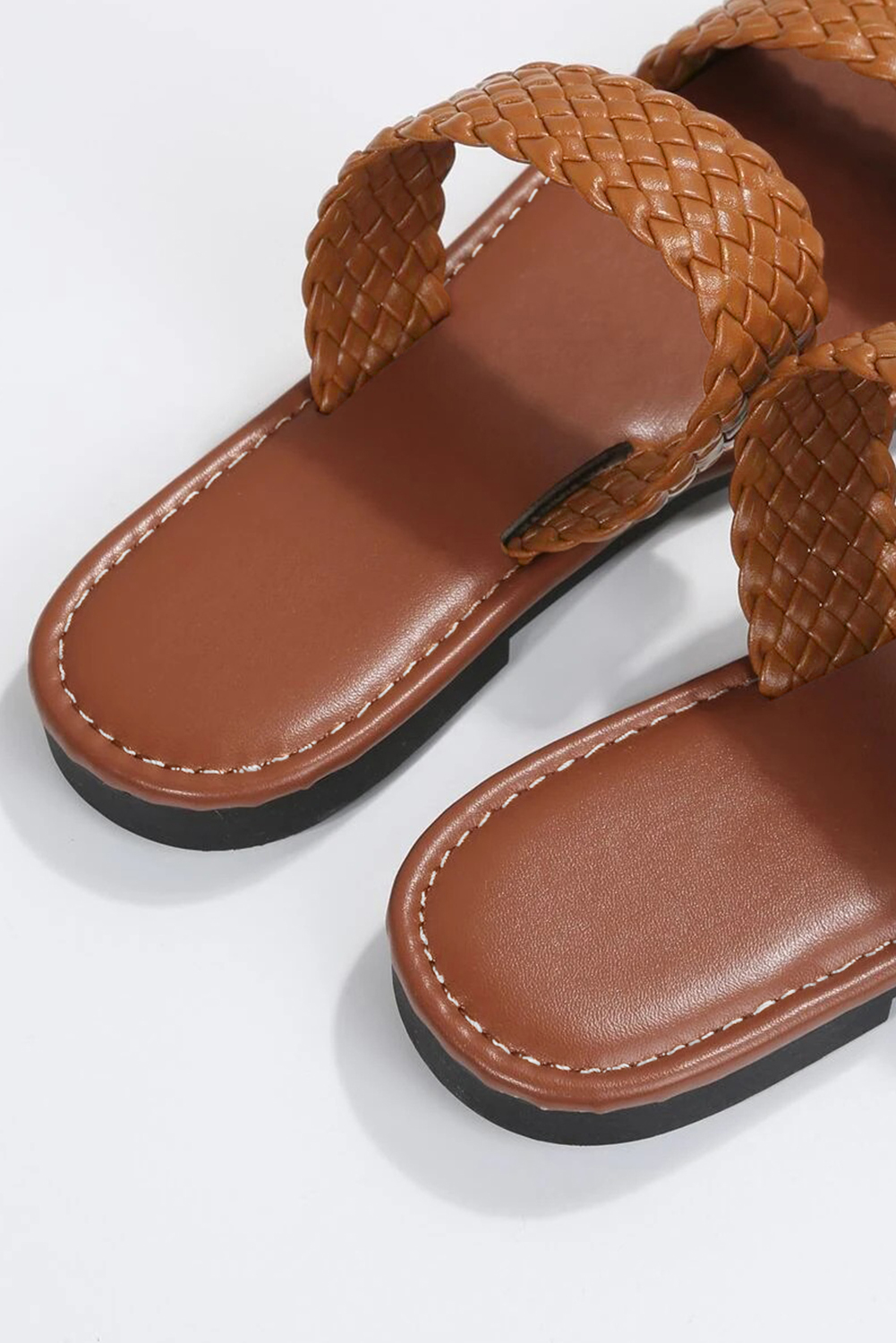 Chestnut Braided Double Band Leathered Flat Slippers - loveforevers