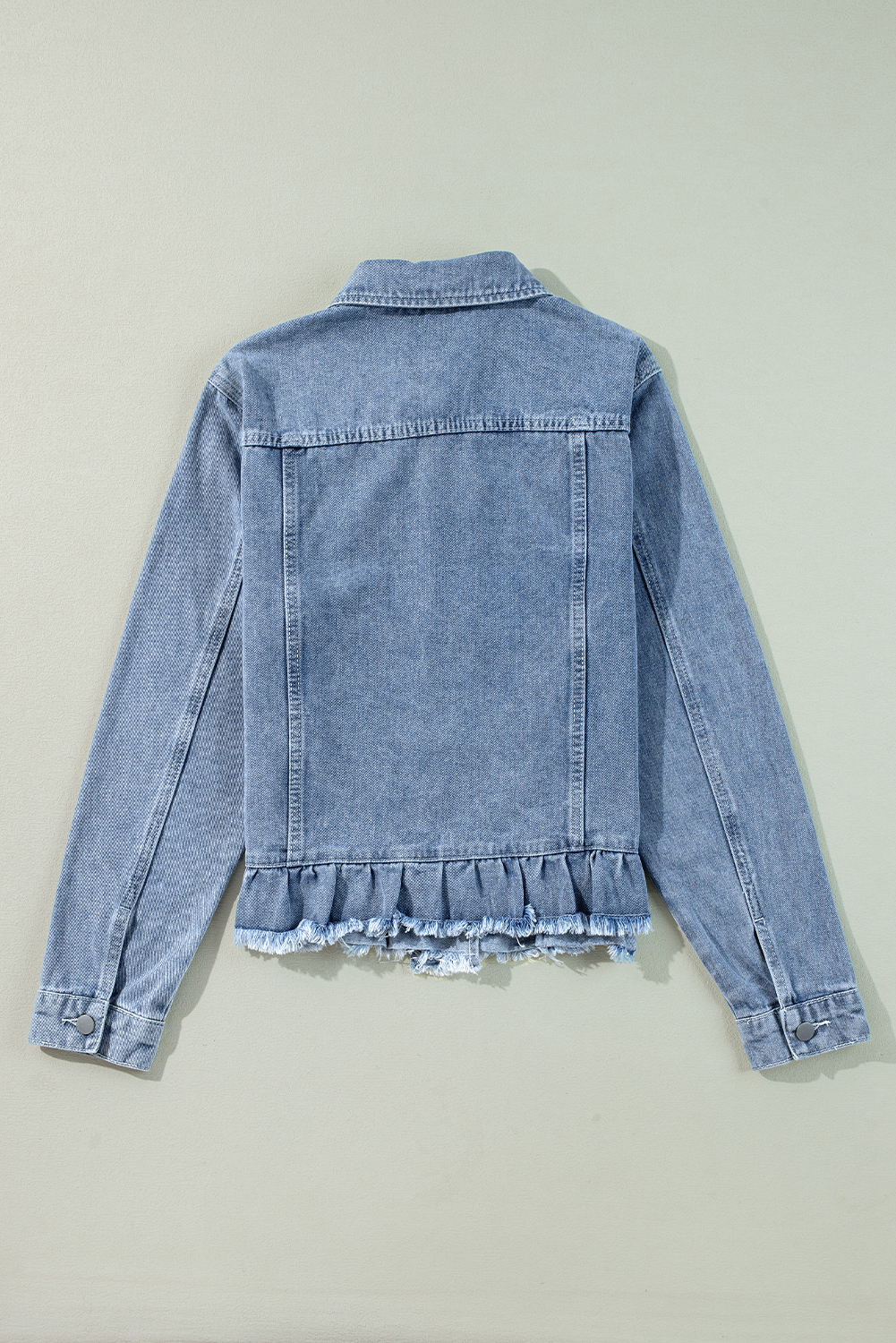 Beau Blue Ruffle Raw Hem Flap Pockets Denim Jacket - loveforevers