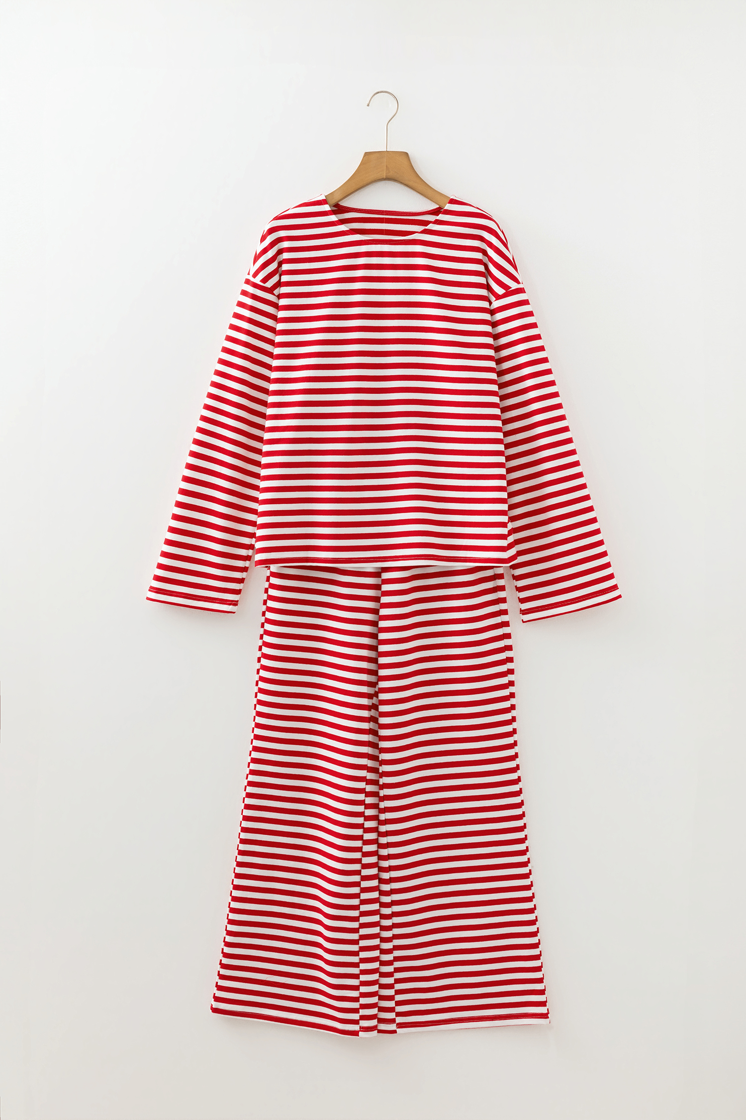 Red Stripe Drop Shoulder Long Sleeve Top Lounge Pants 2pcs Set - loveforevers