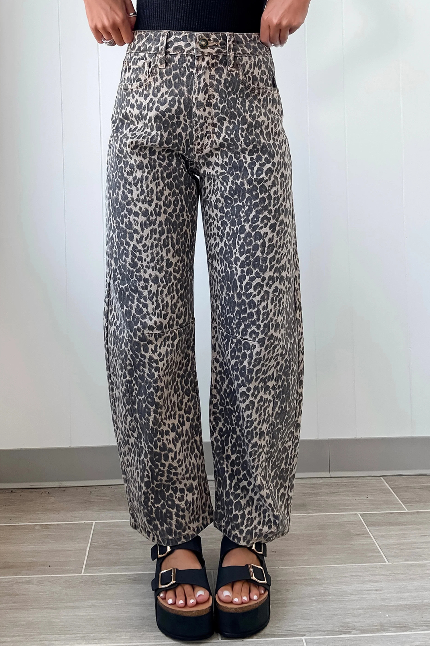 Black Leopard Print High Waist Barrel Jeans - loveforevers