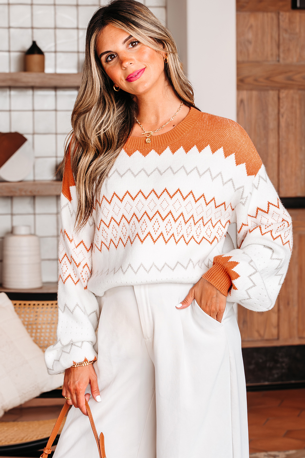 Khaki Zigzag Geometric Pattern Knitted Pullover Sweater - loveforevers