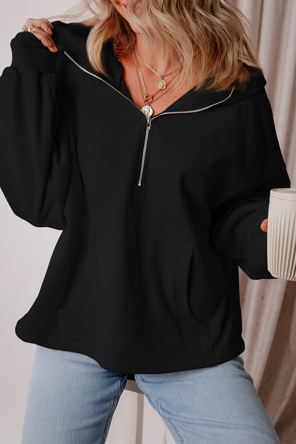 Bonbon Fleece Lined Half Zipper Kangaroo Pockets Loose Hoodie - loveforevers