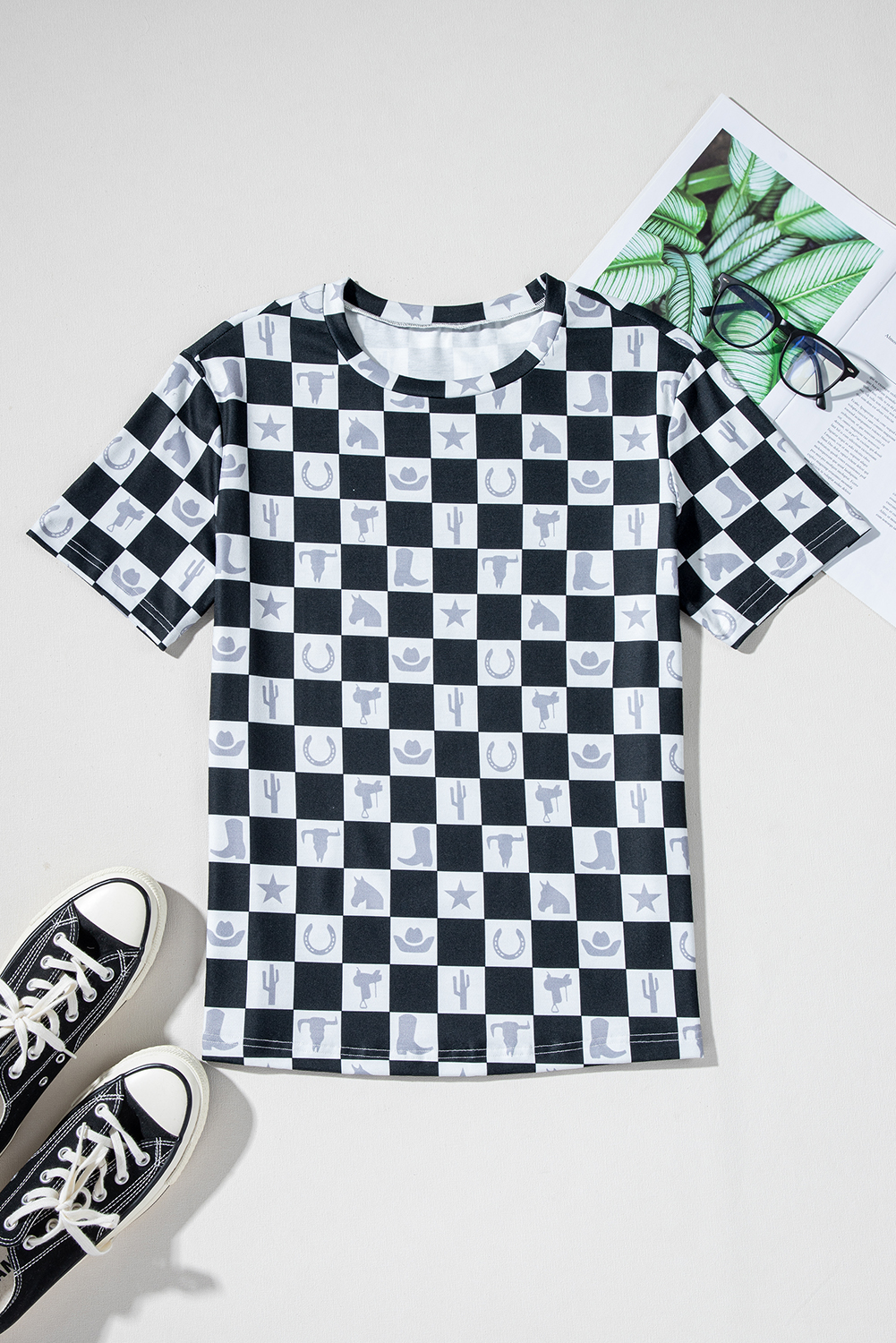 Black Western Fashion Checkerboard Print Side Split T Shirt - loveforevers